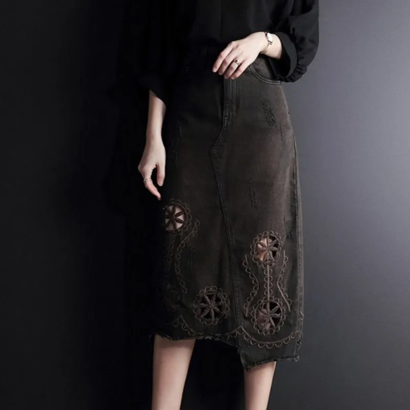 Женская длинная джинсовая юбка элегантная офисная винтажная трапециевидной