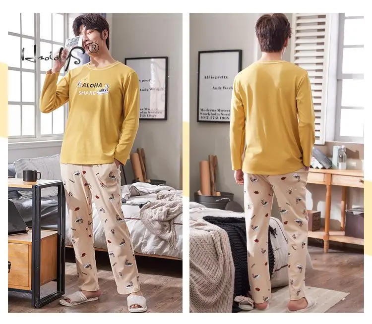 F Men Yellow Зимние теплые пижамы для влюбленных, женские хлопковые милые и милые летние мужские хлопковые домашние костюмы с длинными рукавами, большие размеры - Цвет: F Men Yellow