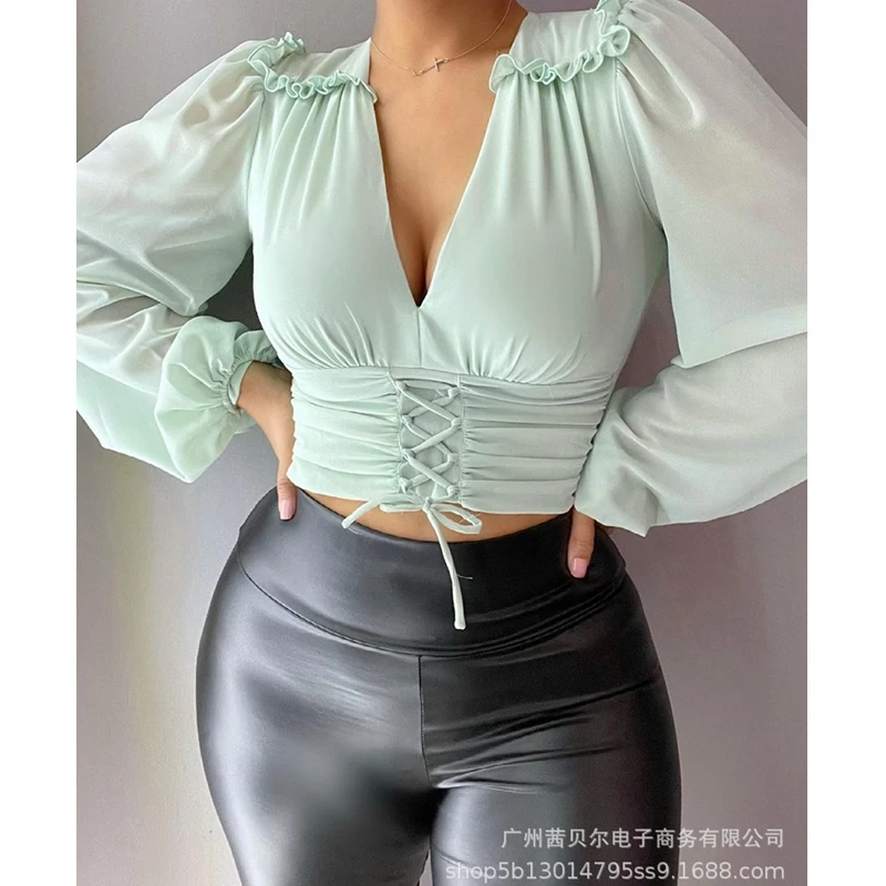 

WEPBEL Sexy Lantern Sleeve T-shirt Women's Casual Bandage Ruffled Stitching T-shirt Summer V-neck Slim Fit Pleated T-shirt