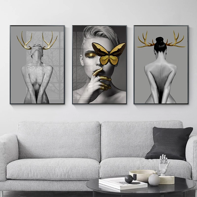 

Nordic Modern Black Gold Female Nude Art Canvas Paintings Wall Art Posters Living Room Bedroom Decorative Pictures