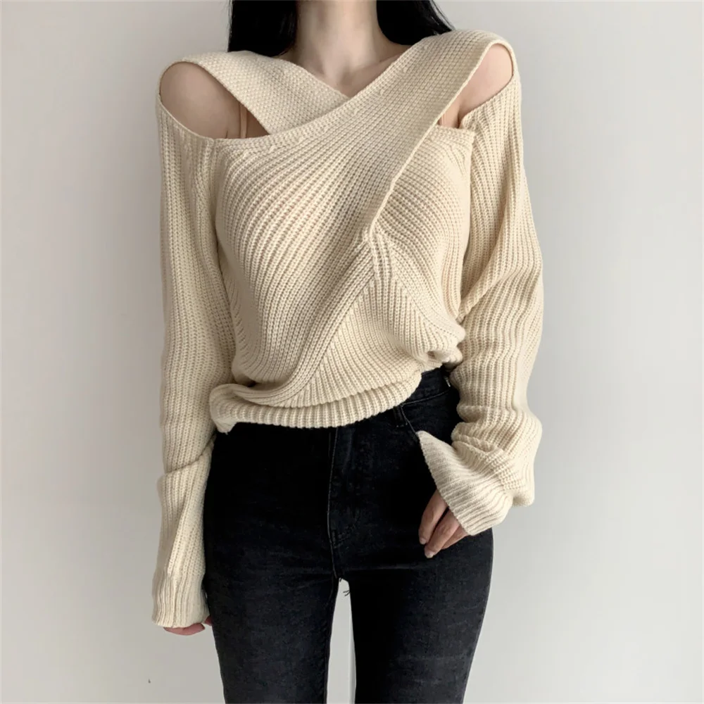 

Alien Kitty Apricot Solid Sexy Women Knitted Sweaters Pullover Chic Off Shoulders New 2021 Loose All Match Casual Hot Jumpers