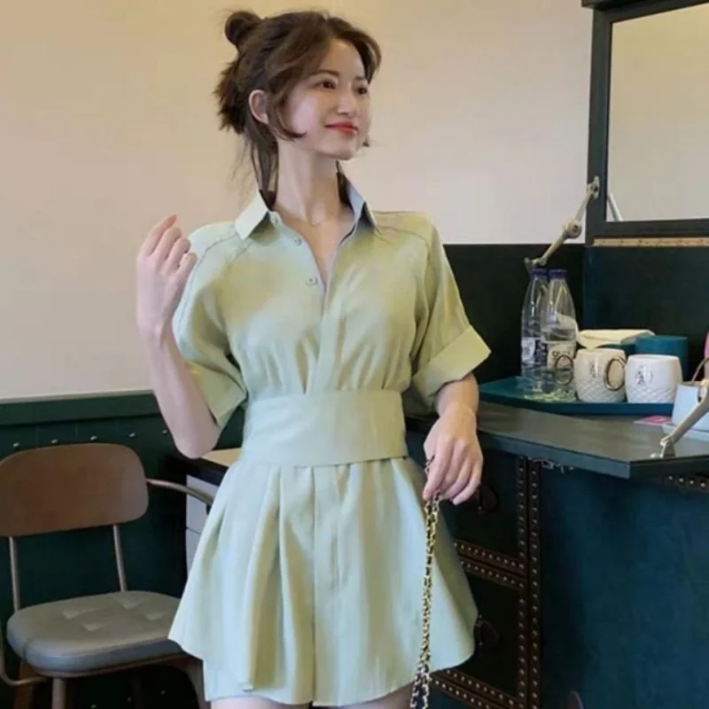 

2021 Women Spring Summer Elegant 2 Piece Suit Female Single Breasted Shirt + High Waist Shorts Set Ladies Casual Solid Suit G717