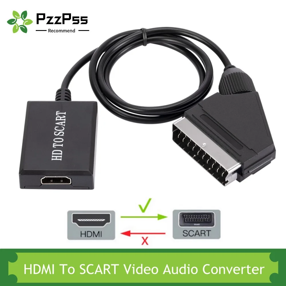 

PzzPss HD 1080P HDMI Input To SCART Output Video Audio Converter Adapter For HDTV DVD For Sky Box STB Plug and Play DC Cables