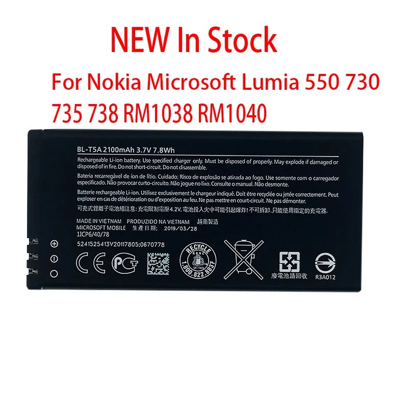 

100% Original BL-T5A 2100mAh Battery For Nokia Microsoft Lumia 550 730 735 738 RM1038 RM1040 New produce High quality battery