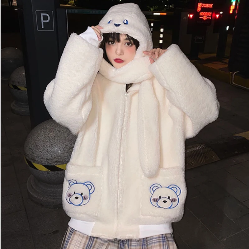 

Winter Long Sleeve Lamb Wool Women Coat Embroidered Harajuku Cute Polar Bear Maiden Sweatshirt Casual Pullover Female Hoodie Top