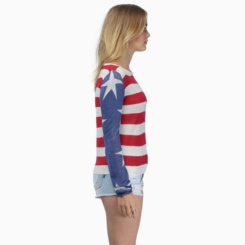 HDY Haoduoyi Women Long Sleeve Crewneck Casual Soft Super Comfy Bule-red Stripe Star Print Bodycon Pullover Sweater | Женская одежда