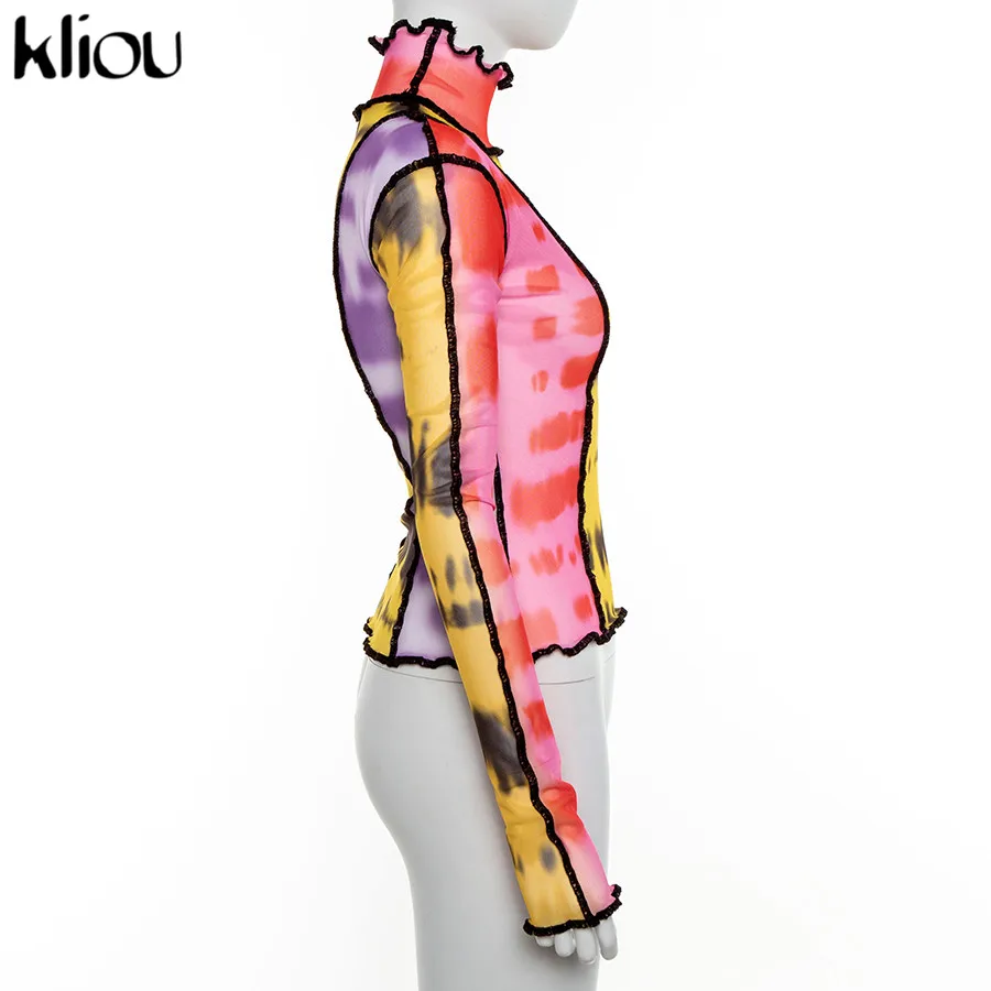 Kliou new Breathable women print t-shirt mesh material ruffles turtleneck full sleeve crop top female sexy Slim fit tops