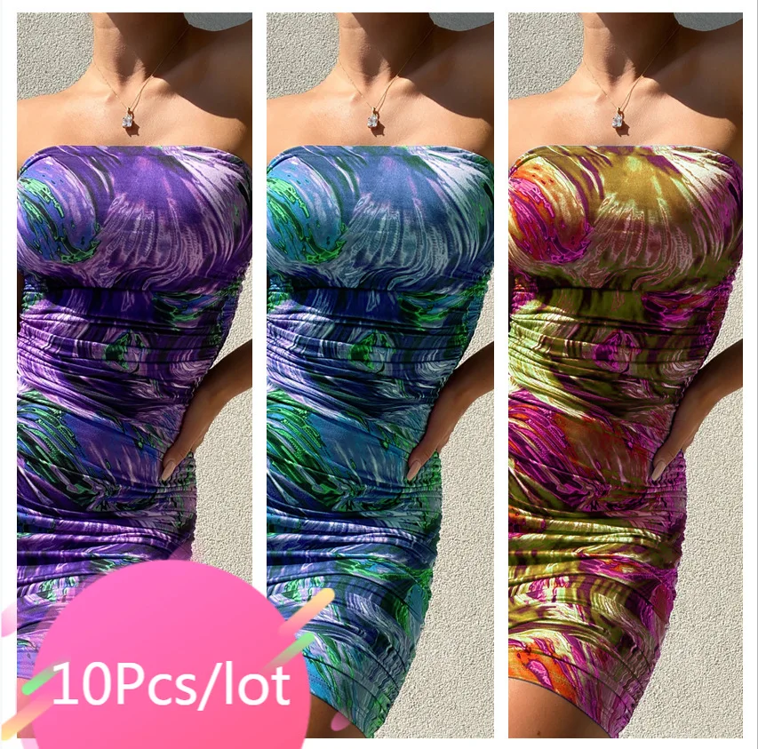 

Bulk Items Wholesale Lots Women Summer Clothing Tie Dye Printed Off Shoulder Stretchy Mini Dress Sexy Night Club Party Outfits