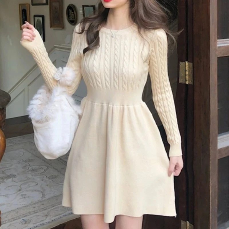 

2021 New Spring Autumn Knitted Sweater Dress Women A-line Solid High Waist Vestidos Elegant Korean Mini Dresses