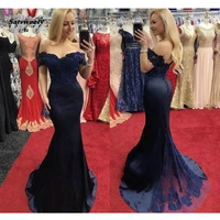 dark navy mermaid prom dresses off shoulder sweep train appliques long formal women wedding evening party gowns custom made