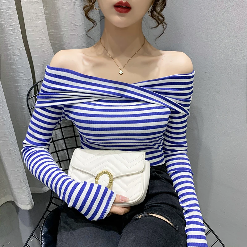 

2021 Autumn Sexy Off Shoulder Bow Slash Neck T Shirts Korean Long Sleeve Striped Knit Tops Female Tee Shirt Sweet Fashion Tshirt