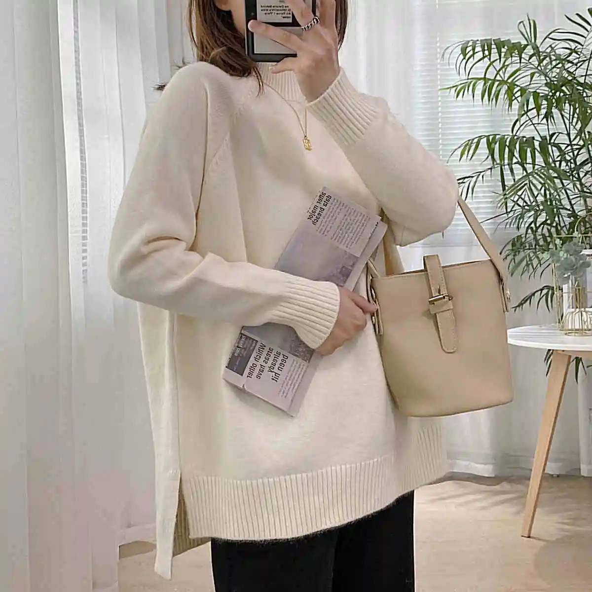 

SALEQI Women Mock Neck Pullovers Sweater High Quality Oversized Jumper Split Fall Winter Clothes Beige Purple Green 8 Colors