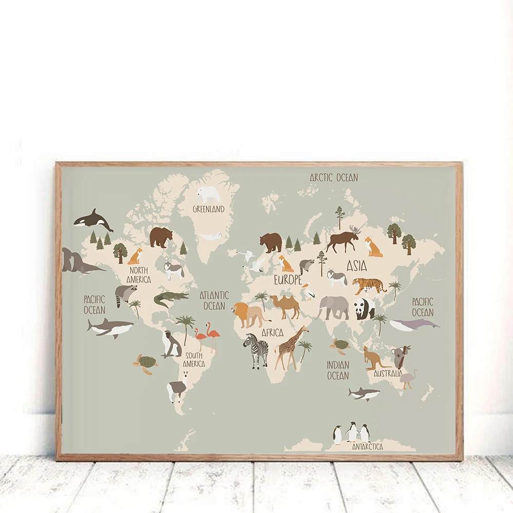 

Animal World Map Nursery Wall Art Canvas Painting Scandinavian Posters and Prints Cute Cartoon Animals Pictures Kids Room Decor