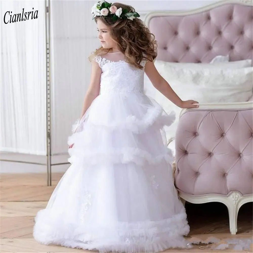 

Romantic Appliques Tiered Tulle Pleat Ball Gown Flower Girl Dress Cap Sleeve Lace Up Back Pageant Birthday Party Dresses