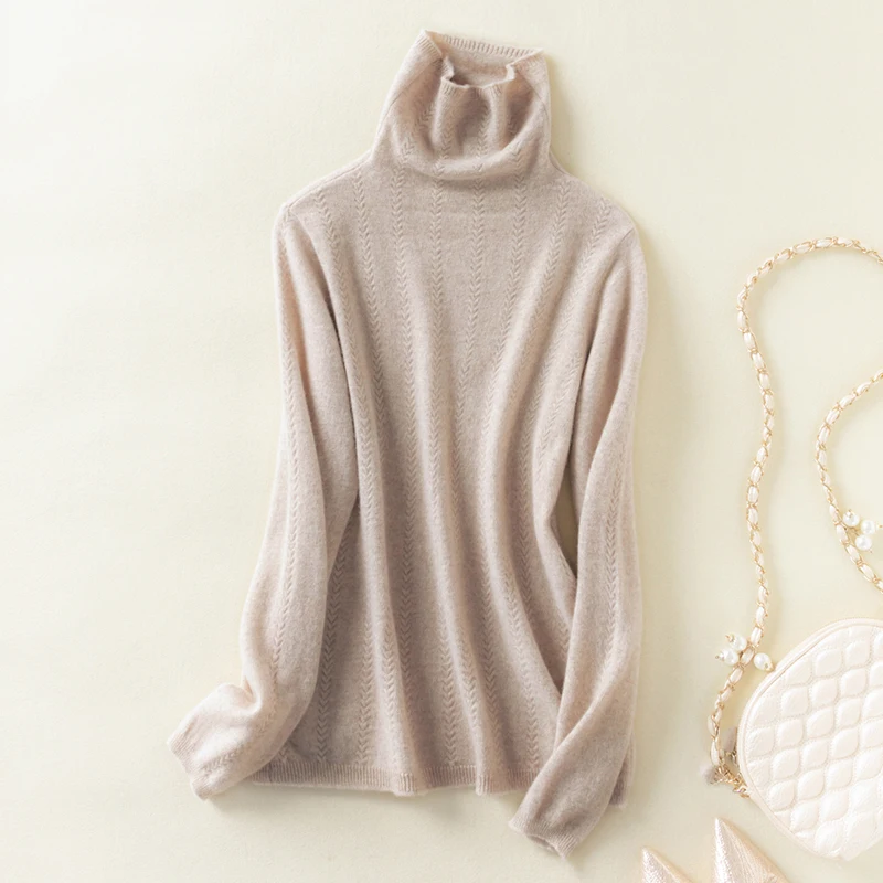 Свитер кашемировый однотонный с длинными рукавами и высоким воротом | Женская