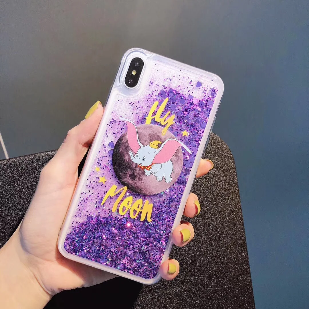 Cute Dumbo Fly Moon Elephant Purple Quicksand Glitter Phone Case For iphone Xs MAX XR X 6 6s 7 8 plus silicone Back Cover |