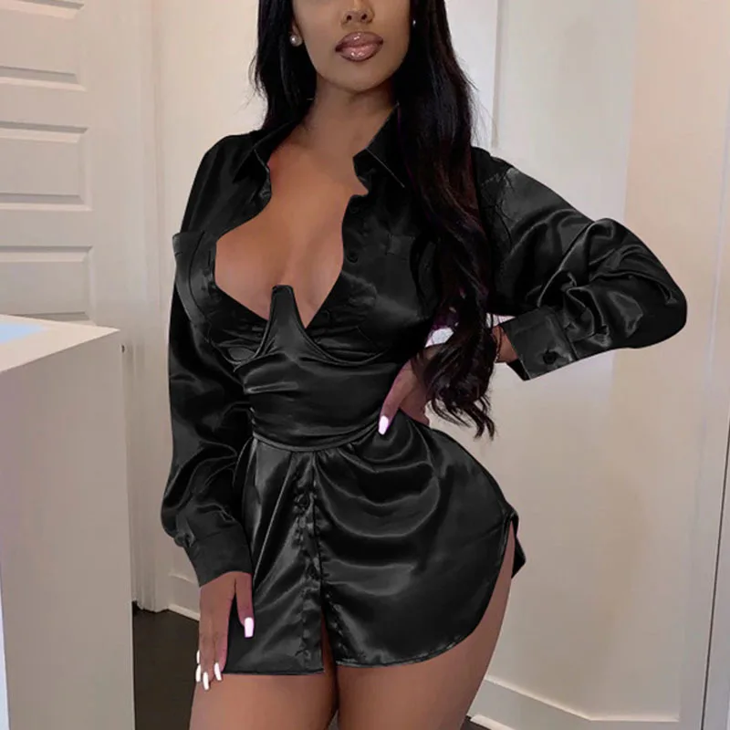 Женская однотонная черная сексуальная свободная рубашка на пуговицах с длинным