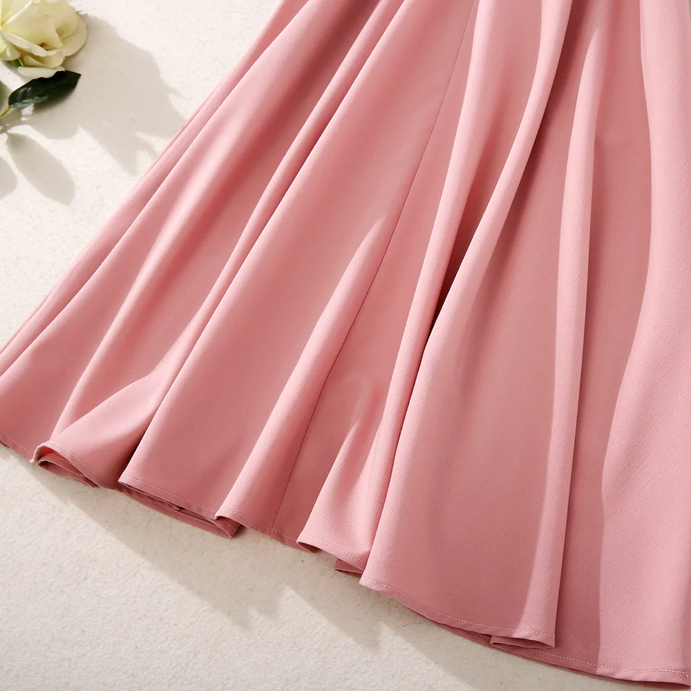 

2020 Summer Fashion Style Pink High Quality Ladies Turn-down Collar Hollow Out Lace Patchwork Casual Long Shirt Dress OL