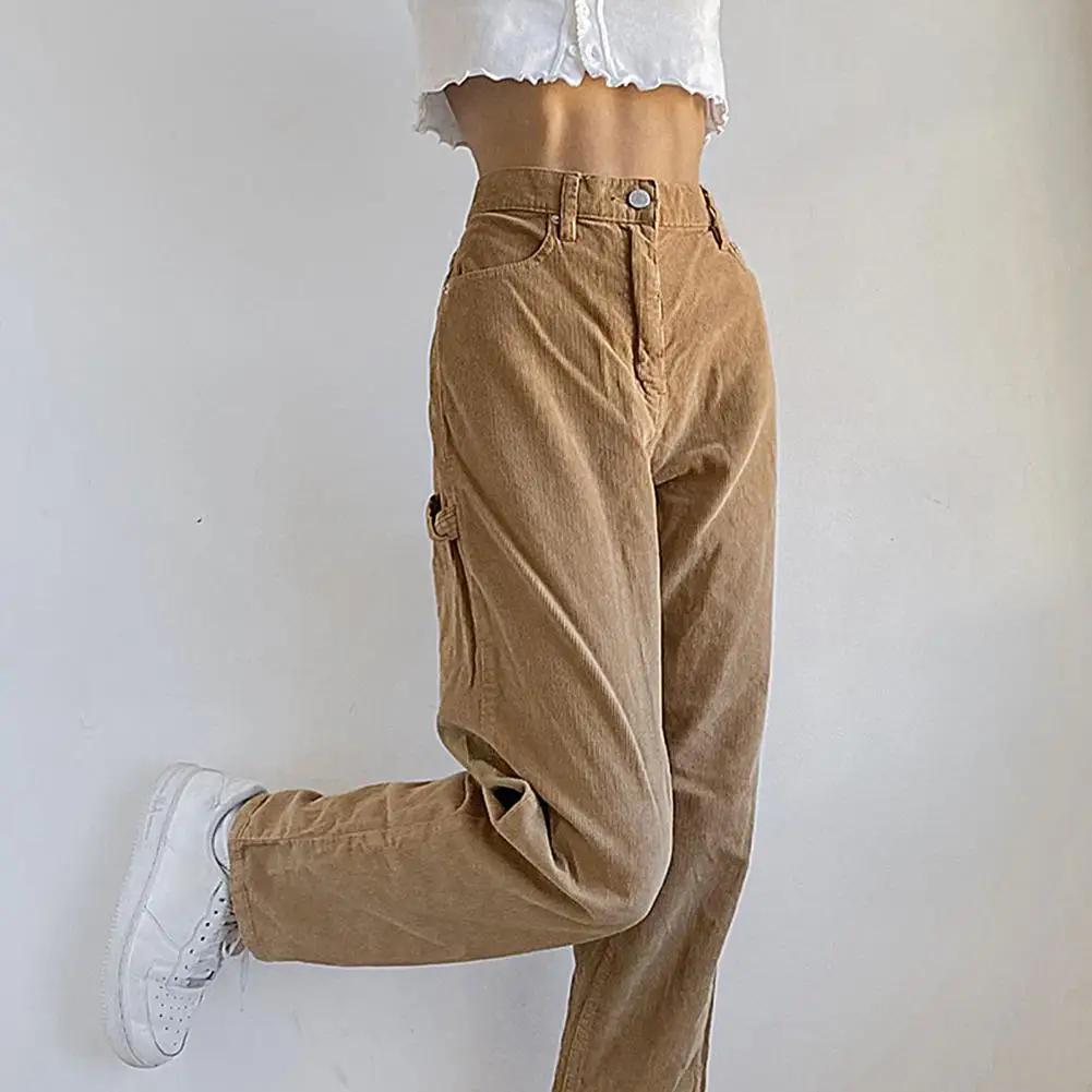 

Casual Women Pants High Waist Button Solid Color Long Loose Corduroy Pants Trousers Streetwear Pants 2021