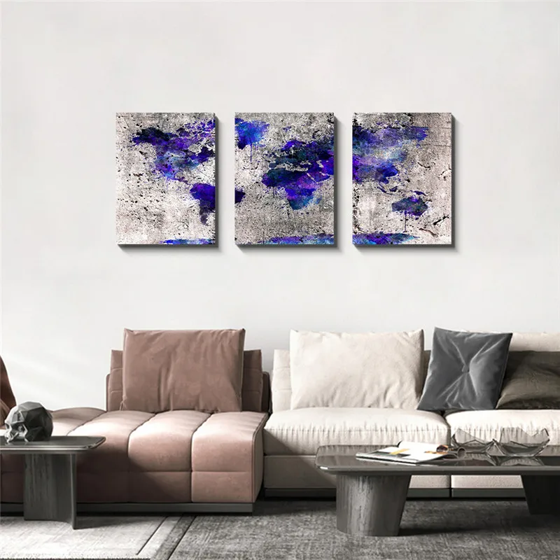 

Map Ink Blots Wall Poster Purple Abstract Set of 3 Wall Ar Decoration Picture Home Decoration Painting Framed Living Room Decor