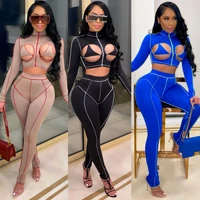 new design sexy two piece set women clothing 2021 stretchy hollow crop top and high waist pants boutique outfits lucky label