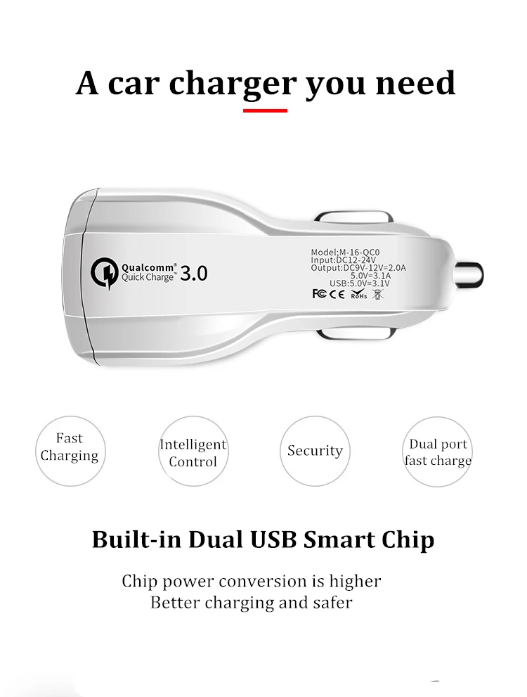 Автомобильное зарядное устройство, двойной USB, быстрая зарядка 3,0 для автомобильного телефона, адаптер для быстрой зарядки, Мини Автомобильное зарядное устройство, адаптер для прикуривателя