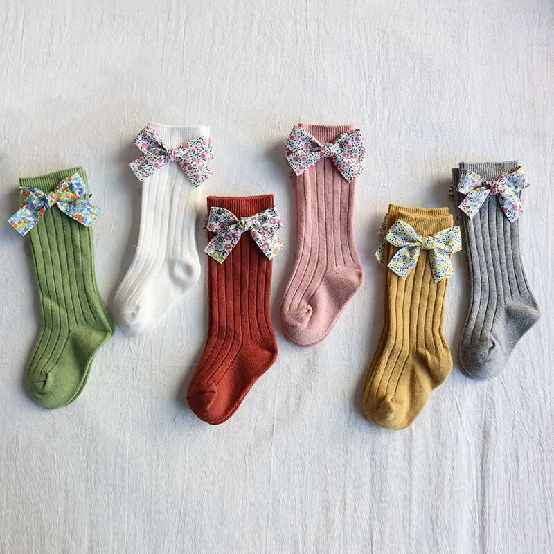 Calcetines largos hasta la rodilla de algod&oacute;n suave para ni&ntilde;as peque&ntilde;as, medias con lazos de flores, estilo princesa, de 0 a 5 a&ntilde;os-1