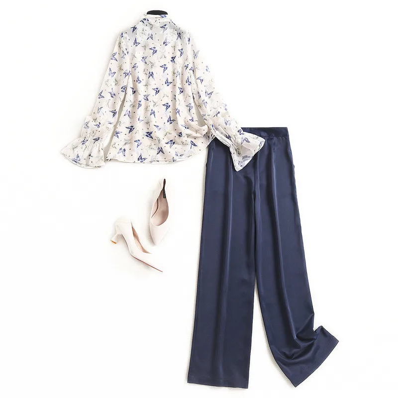 

Spring Elegant Designers Women Two Piece Outfits 2021 Spring Office Lady Print Chiffon Blouse and Pants Suit Matching Sets