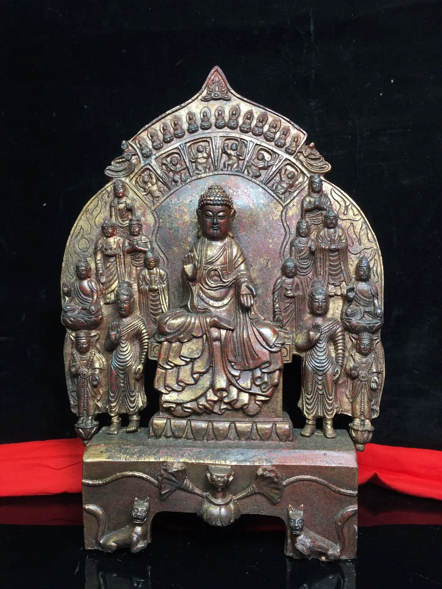 

13" Tibet Buddhism Old Bronze Cinnabar Lacquer Northern Wei Buddha Shakyamuni Buddha Worship of Ten Thousand Buddhas Enshrine