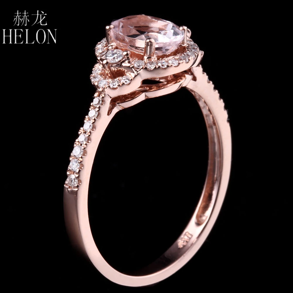 

HELON Solid 14K Rose Gold Flawless Oval 5x7mm Genuine Natural Morganite & Diamond Engagement Wedding Fine Jewelry Ring Setting