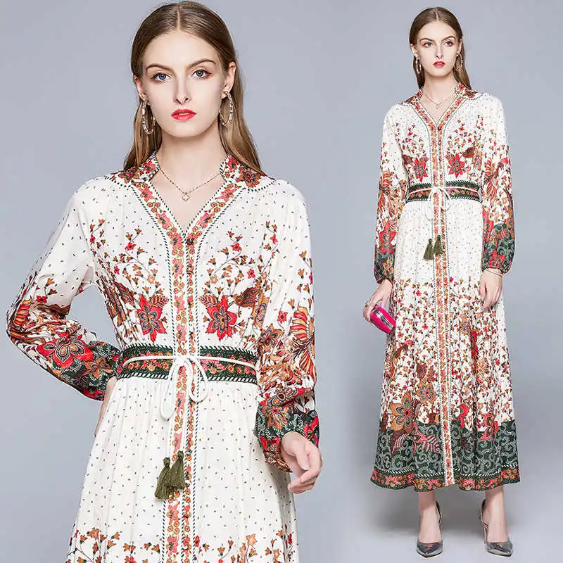 

Euromarican Spring 2021 summer floral print V-neck dress Fashion women's elegan maxi dress B881