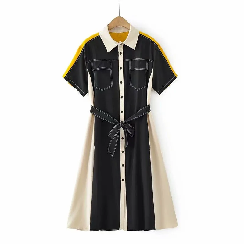 

Plus Size Dresses For Women In Summer With Color Contrast Stitching Short Sleeves Dress With Belt Large Size For Fatwomen Wear