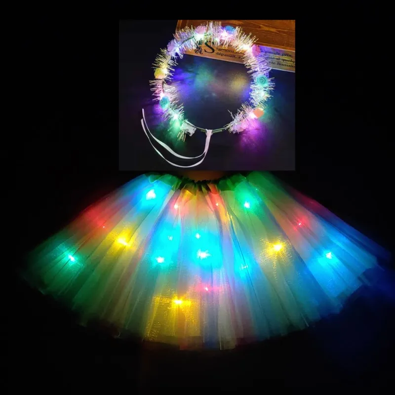 

2021 New Mesh Ribbon Light-emitting LED Children's Skirt Stage Dance Performance Festival Party Headband Wreath Lamp Green