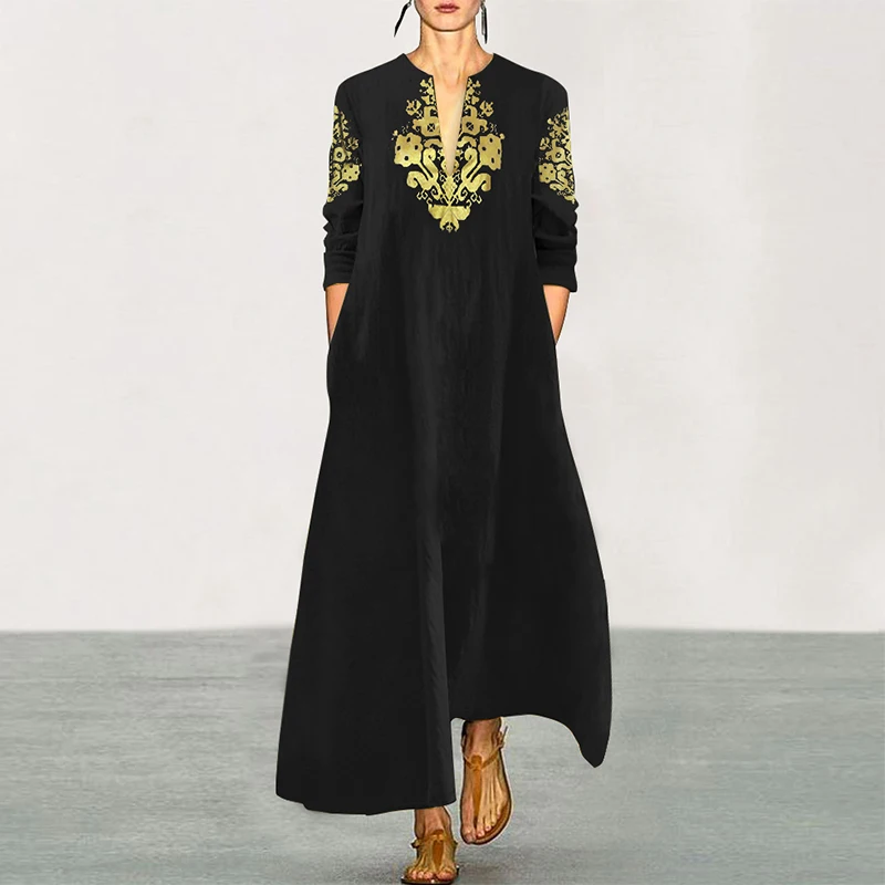 VONDA Maxi Long Dress Womens Cotton Vintage Printed Robe Femme Casual Loose Sundress Autumn Sexy V neck Party Vestidos Plus Size