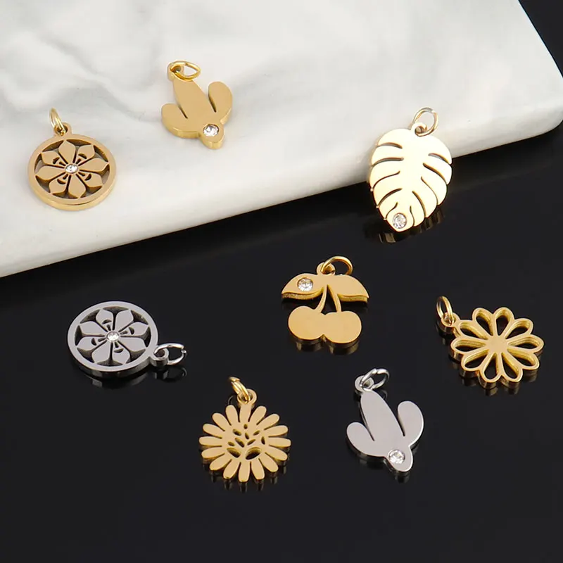 

5pcs/lot Stainless Steel Cherry Charms Leaves DIY Pendant Necklaces Charms Making 6Styles Jewelry Accessories Wholesale Pendants