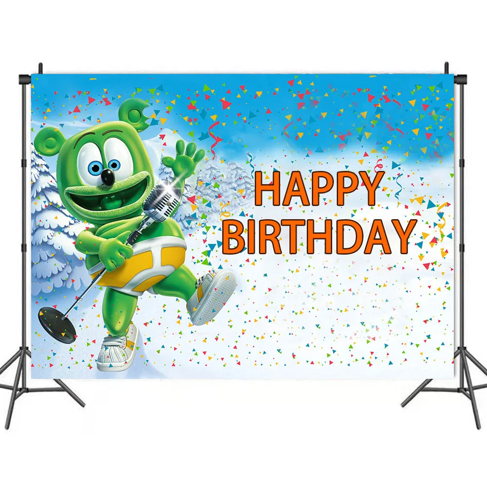 

Cartoon Gummy Bear Cake Smash Photography Background Winter Snow Balloons Kids Birthday Party Backdrop Table Wall Poster Vinyl