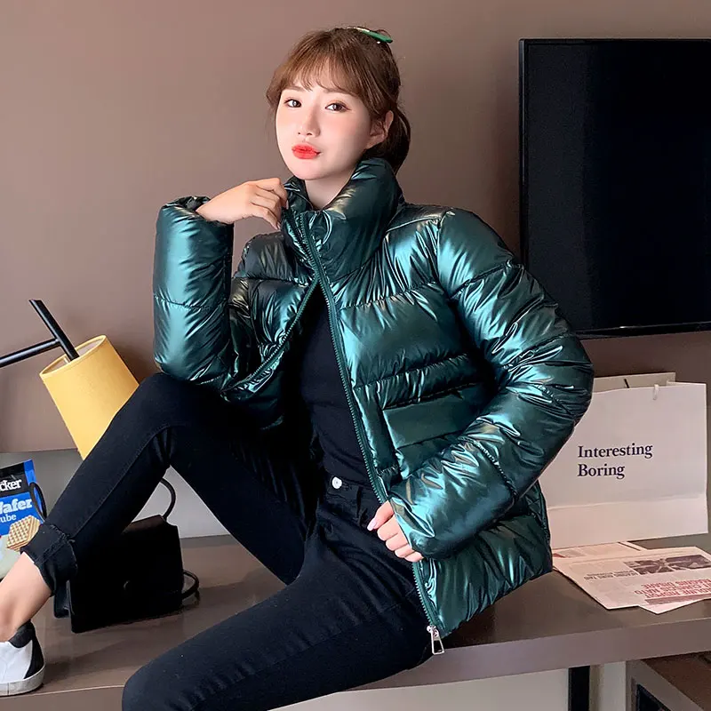 2022 Autumn Winter Women Parkas Jackets Casual Stand Collar Shiny fabric Thick Warm padded Coats Female Winter Outwear
