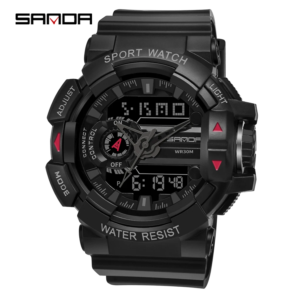 

Часы наручные SANDA Мужские кварцевые, Брендовые спортивные водонепроницаемые в стиле милитари, с двойным дисплеем