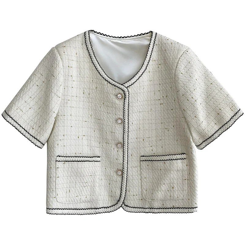 

Short Sleeve White Jacket Coat Women's New Summer Show Thin O Neck Short Top Thin Coat