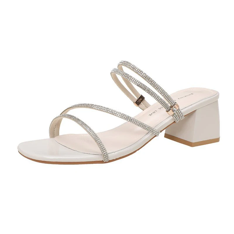 

All-Match Sandals Straps Med Block Heels 2021 Women's Two Weare Female Shoe Medium Chunky New Girls Elastic Band Summer Comfort