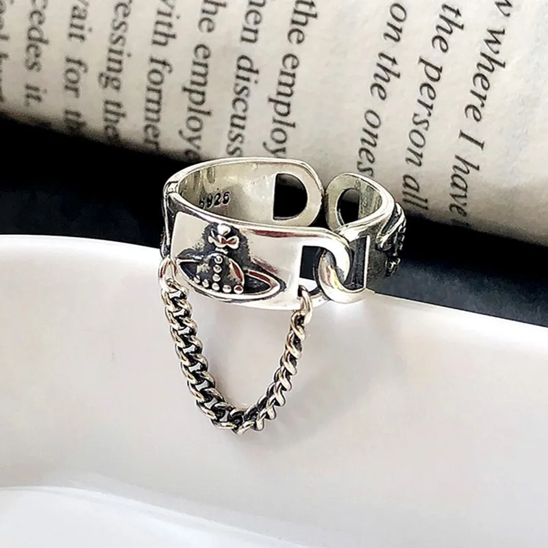 

952 Silver Adjustable Distressed Retro Small Saturn Ring Niche Design Ins Personality Hip Hop Open Chain Ring Men Women Gifts
