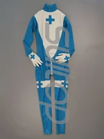 womens nurse latex catsuit in sky blue and white with back zip