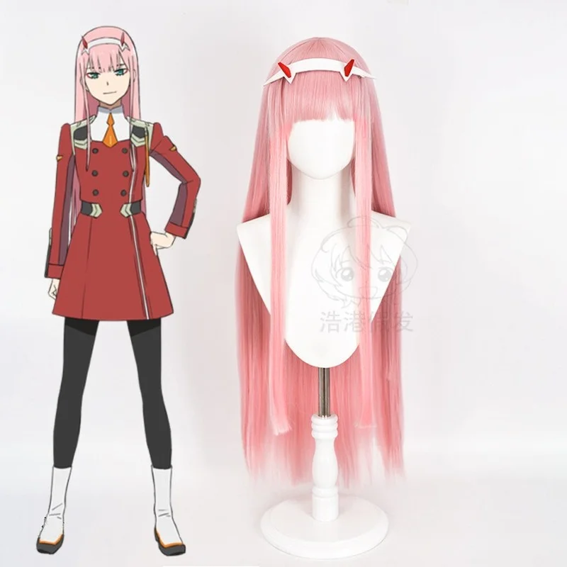 

DARLING in the FRANXX 02 Wig Zero Two Wigs 90cm Long Pink Heat Resistant Synthetic Hair Perucas Cosplay Wig + Horn Hairpin
