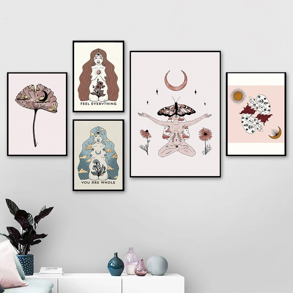 

Boho Goddess Wall Art Prints Abstract Sun Moon Canvas Posters Floral Nude Line Witch Yoga Pictures Painting Bedroom Home Decor