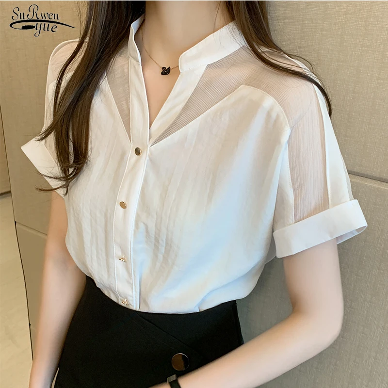 

Summer V-neck White Shirt Women Chiffon Clothing Solid Short Sleeve Mesh Tops Blusas Mujer De Moda 2021 Office Lady Blouse 9635