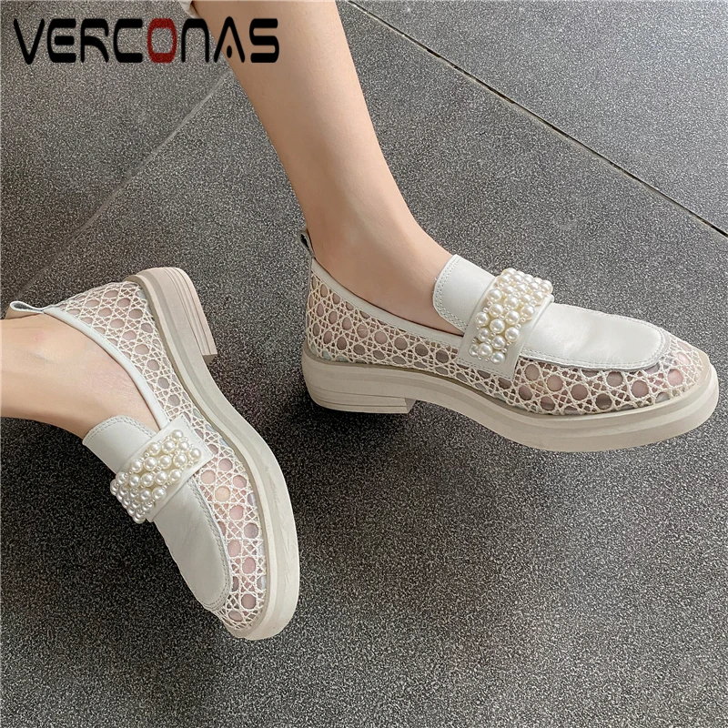 

VERCONAS Genuine Leather Mesh Women Pumps New String Bead Low Heels Casual Working Spring Summer Basic Round Toe Shoes Woman