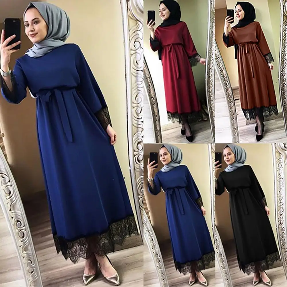 

2021 Muslim Women Lace Dress Dubai Muslim Long Lace Dress Caftan Moroccan Islamic Clothing Turkish Oman Qatar Vestidos Mujer
