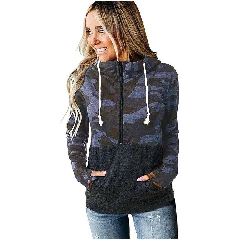 Half Zip Pullover Sweatshirt Women Drawstring Color Block Patchwork Hoodie Pocket Poleron 2021 Casual Wear Hoodie Leopard Print