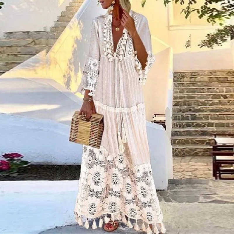 

2021 European and American spring and summer bohemian style lace fringed stitching beach holiday dress dresses women