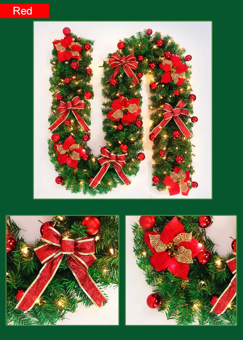 red with bow 1 шт., Рождественская гирлянда, зеленое рождественское ротанговое украшение с бантами и огнями, рождественские украшения для дома, вечерние, новогодние принадлежности, 270 см - Цвет: red with bow